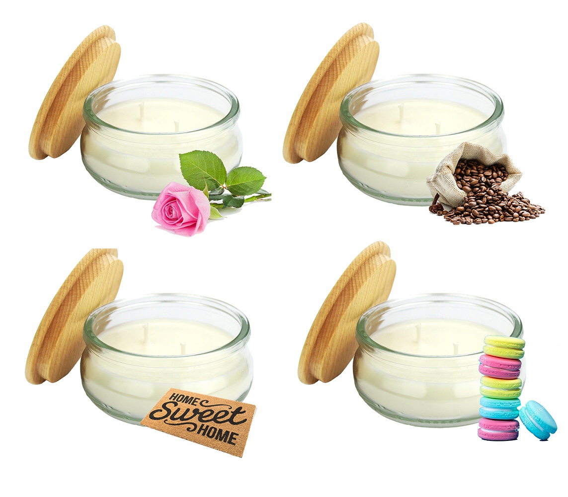 4x Vonné sójové svíčky s dřevěným víčkem, mix vůní 210 ml