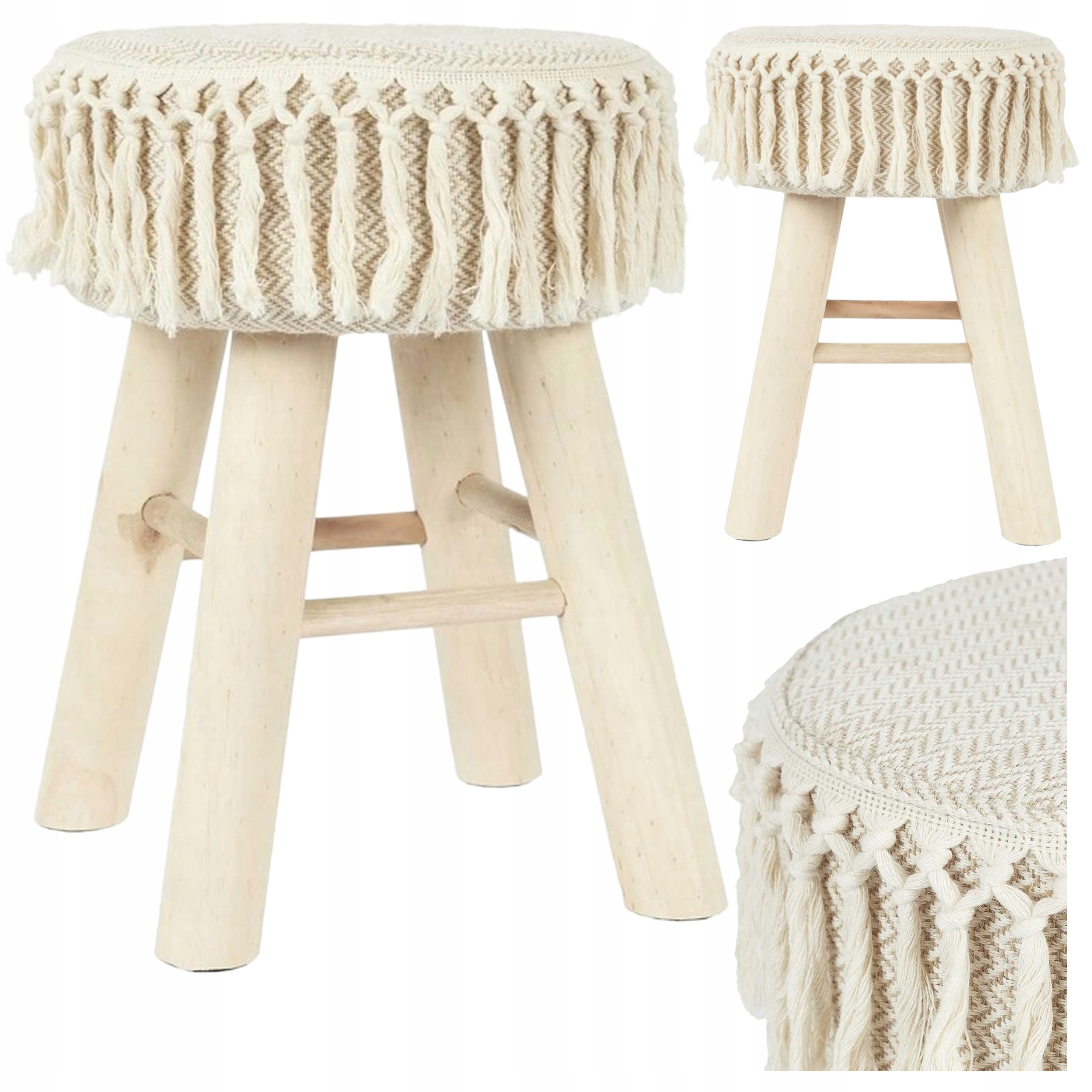Taburet Macrame krémový s třásněmi, pevná stolička, sedátko boho, do kuchyně