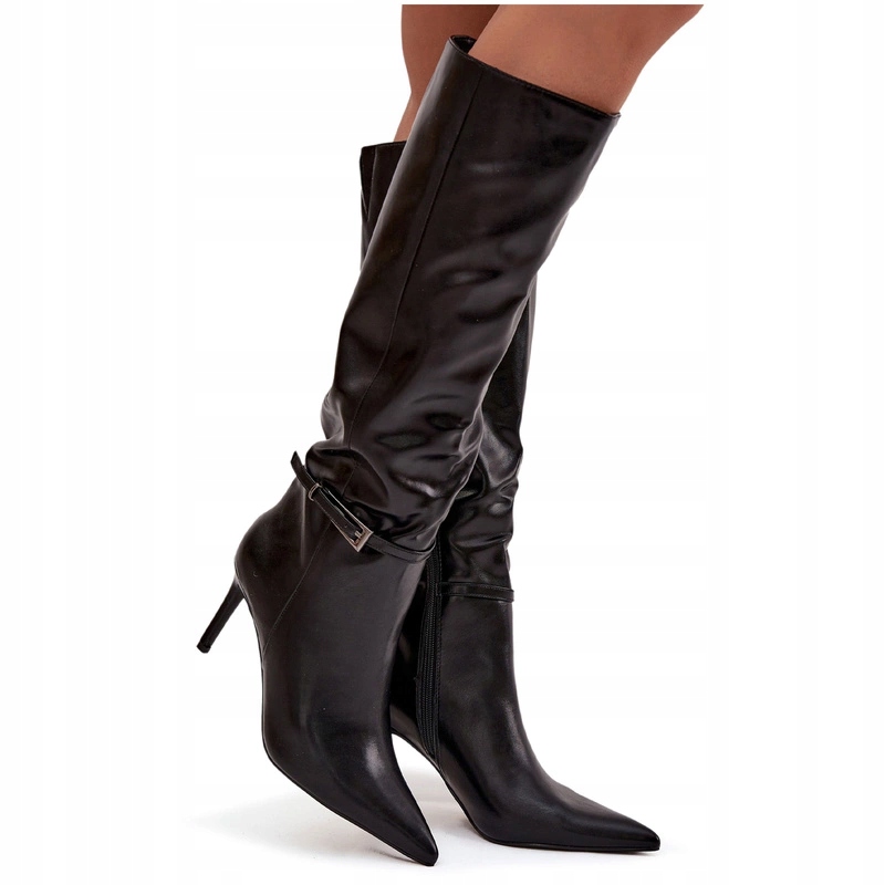 Dámské Kozačky Eko Kožené Na Zip Pásek S Přezkou Špendlík Černé 38