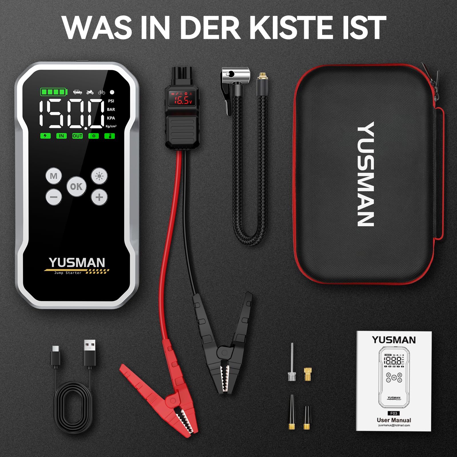 YUSMAN Powerbank Z Rozruchem I Kompresorem 6000A 150PSI Latarka LCD — miniatura 6
