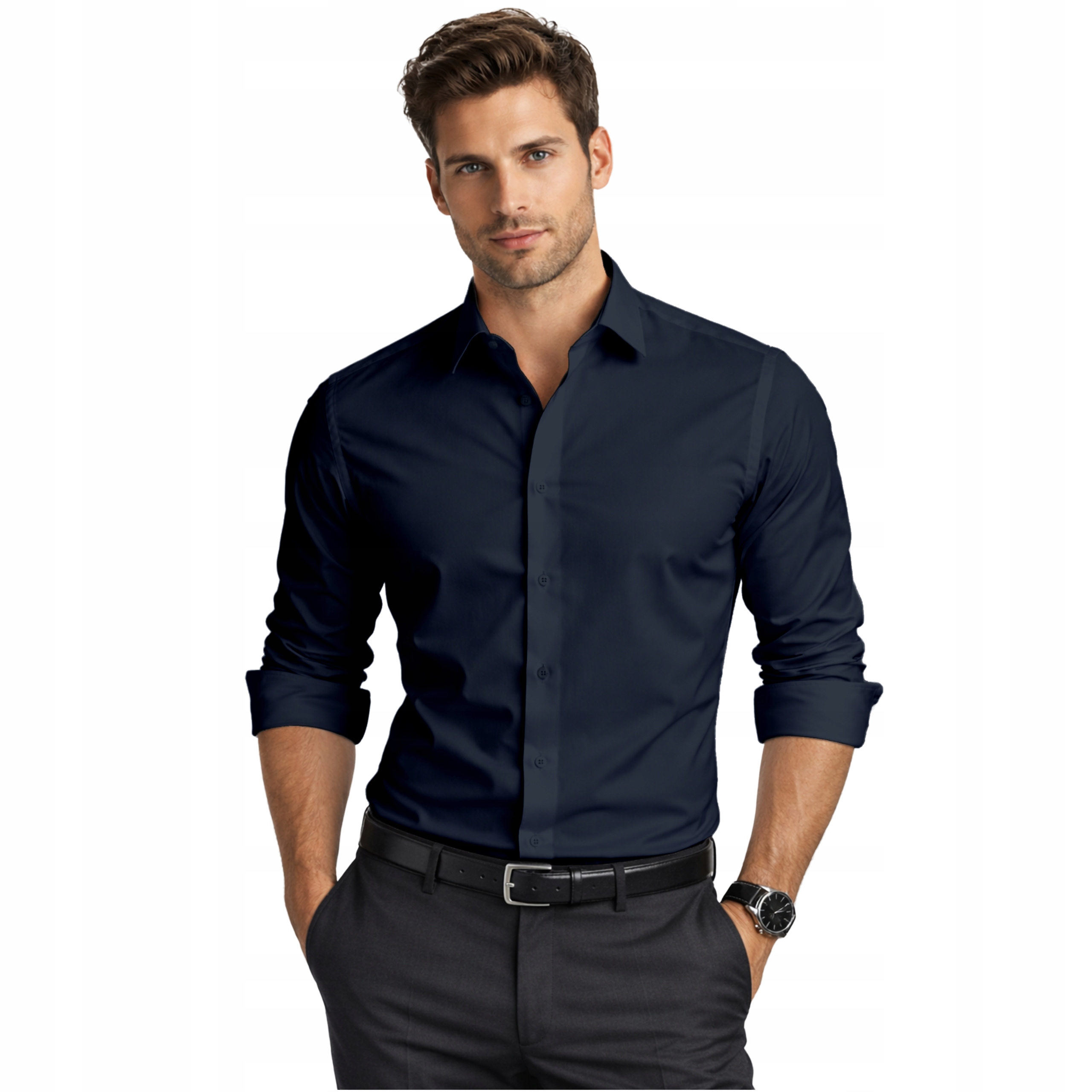 Koszula męska Espada grafit Slim Fit gładka z elastanem długi rękaw L-41