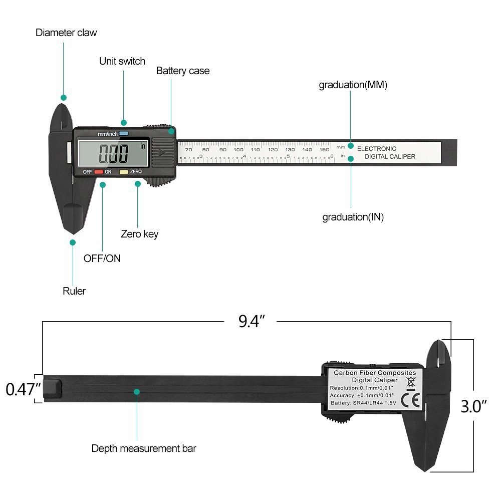 CHIZEA Cyfrowa Suwmiarka 150mm z Dużym Wyświetlaczem LCD Czarna — miniatura 2