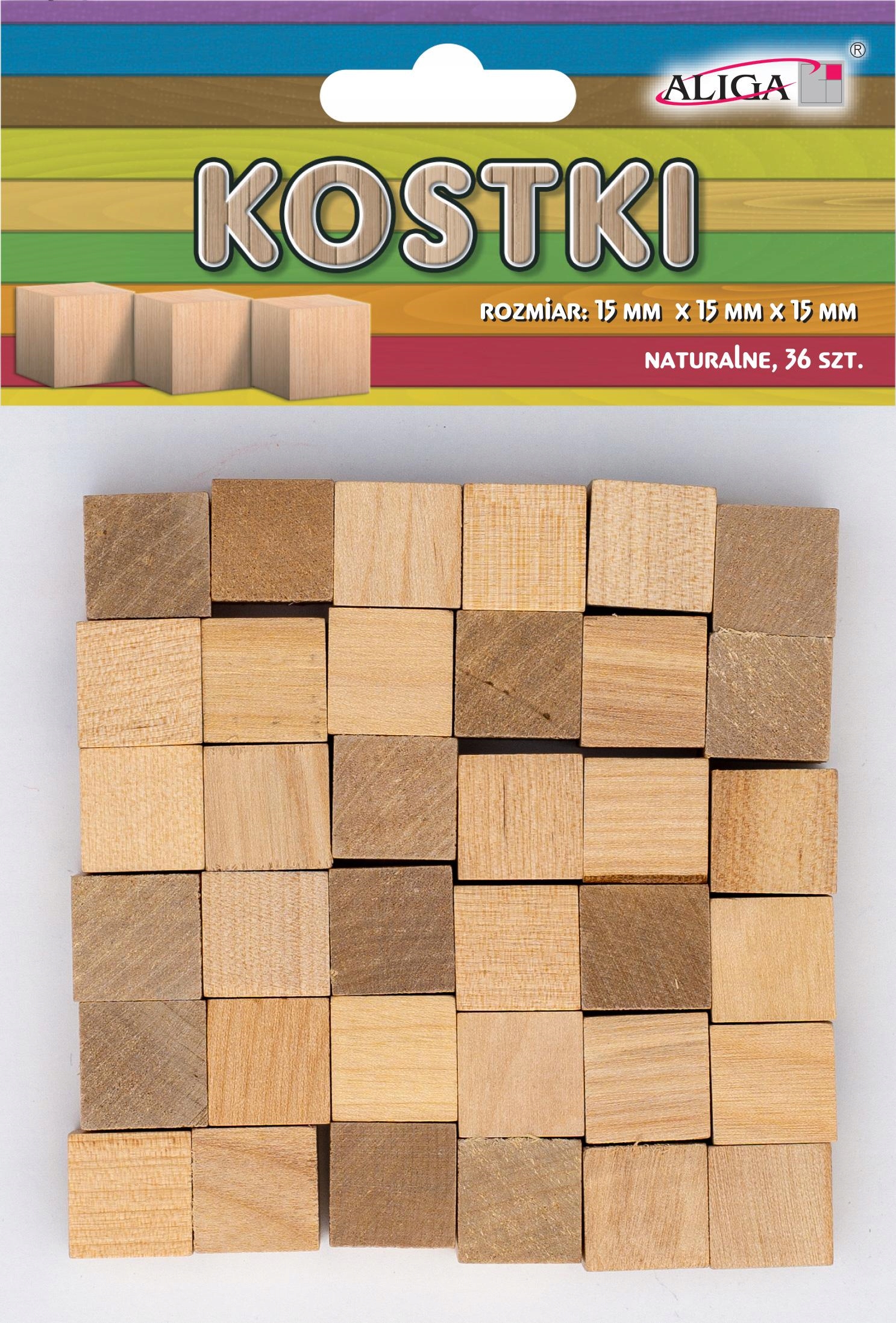 

Kostki drewniane bezbarwne 15x15x15mm op.36szt.