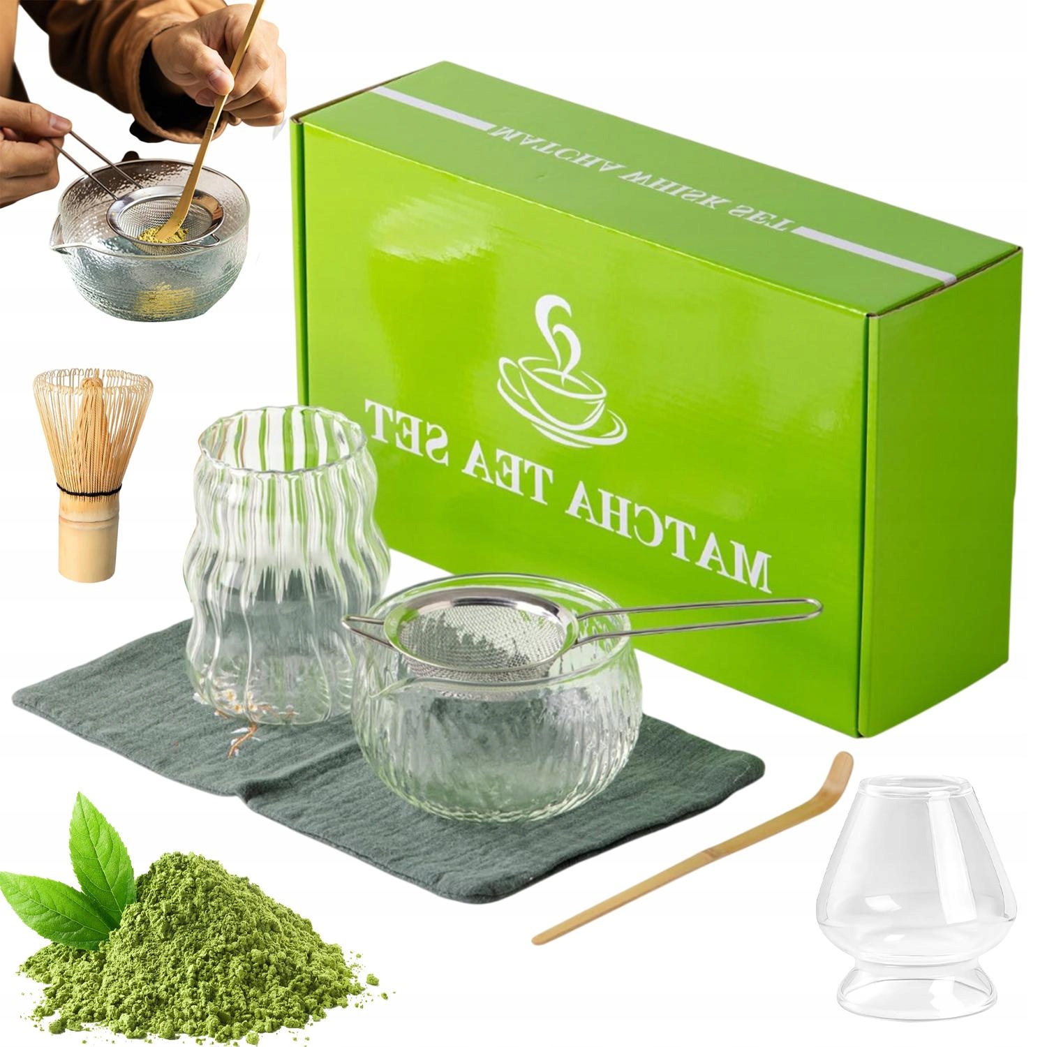 Levně Sada Na Vaření Matchy 7 Prvků Skleněná Miska Bambusová Metla 500 ML