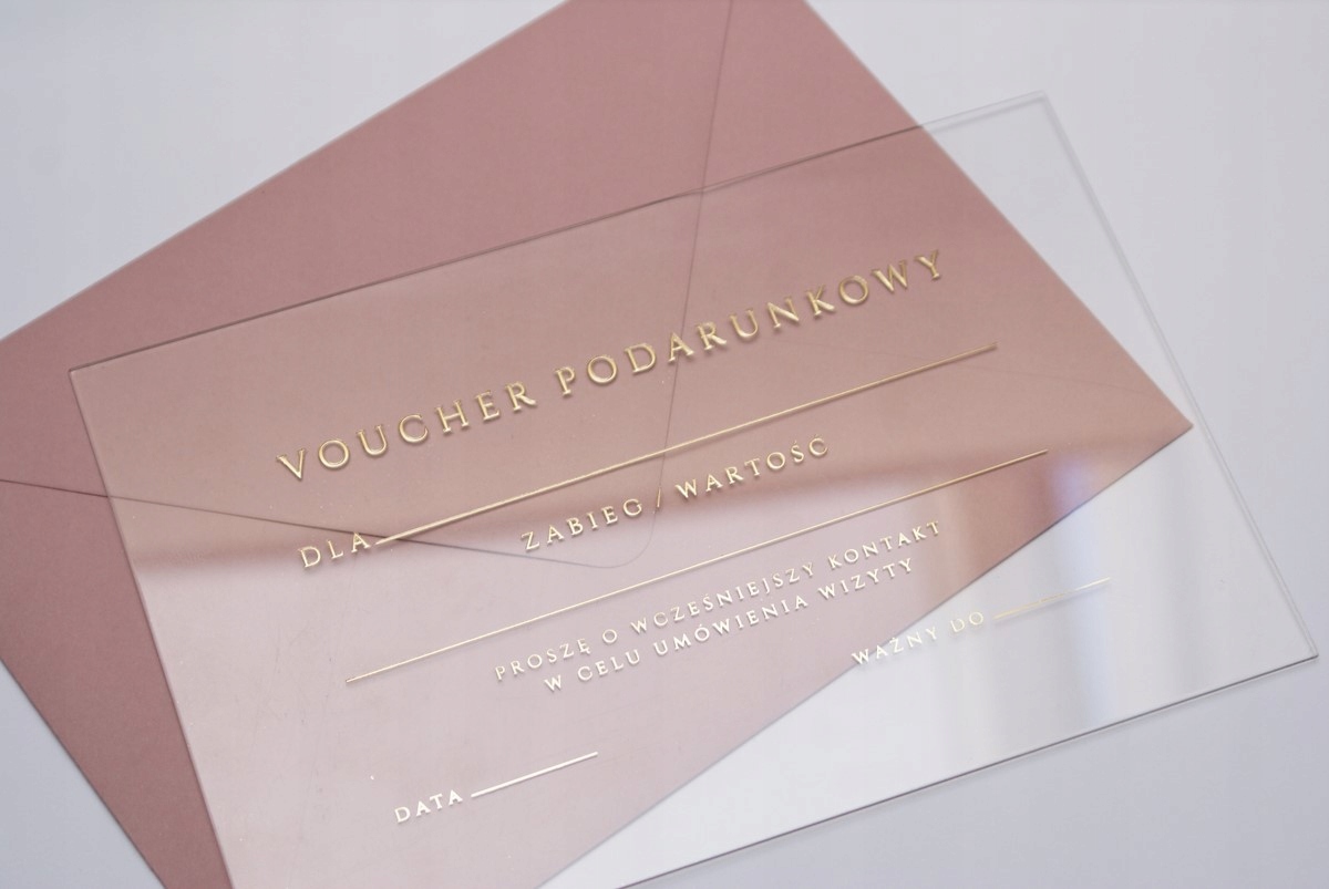 TRANSPARENTNE VOUCHERY PODARUNKOWE ZŁOTE SATYNOWE PLEKSI AKRYLOWE 48H 50szt Rodzaj vouchery