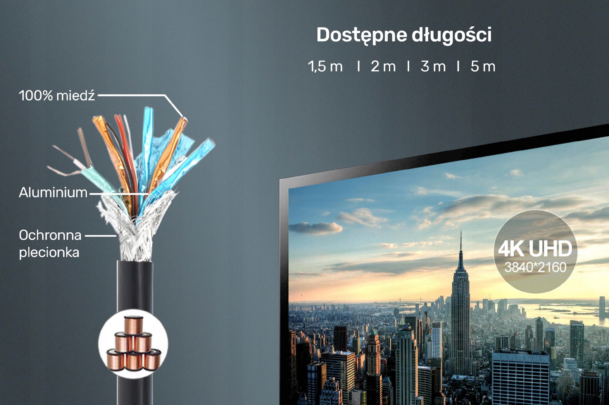 Kabel przewód DisplayPort M/M 3m Uniktek 4K FHD Długość kabla 3 m