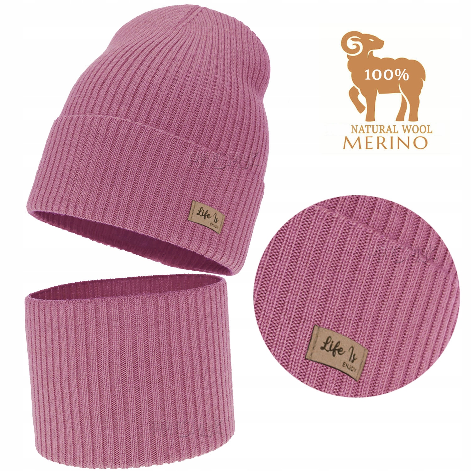 Wrzosowy Róż Komplet Wełna Merino Czapka Komin jesień wiosna Prążek r 52-54
