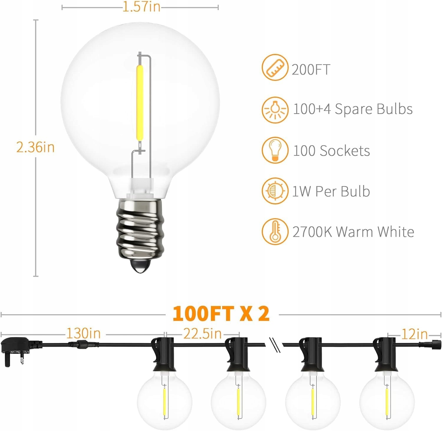 YUUCIO Lampki LED Zewnętrzne 60M 100+4 Żarówki Plastikowe IP44 2700K — miniatura 3