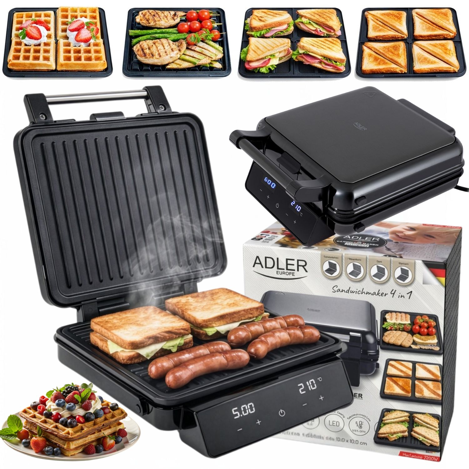 Sendvičovač 4v1 2200W Gril Vaflovač Panini Toustovač Regulácia Teploty. Led časovač
