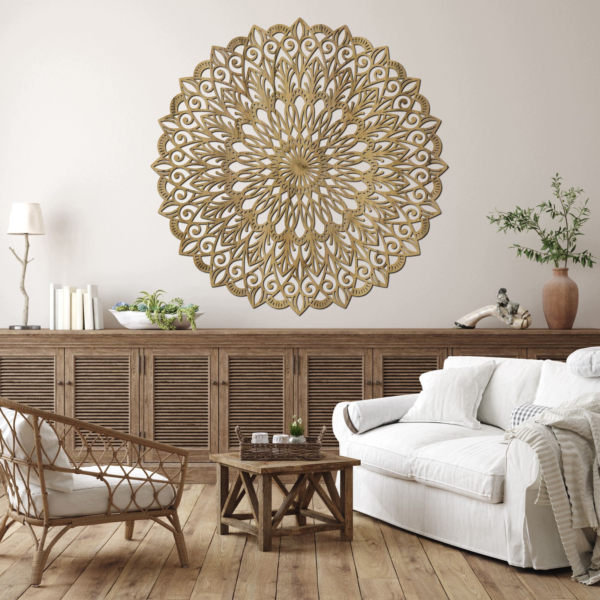 Drewniana mandala na ścianę, dla harmonii w przestrzeni 120 cm Hdf Złoty Dąb