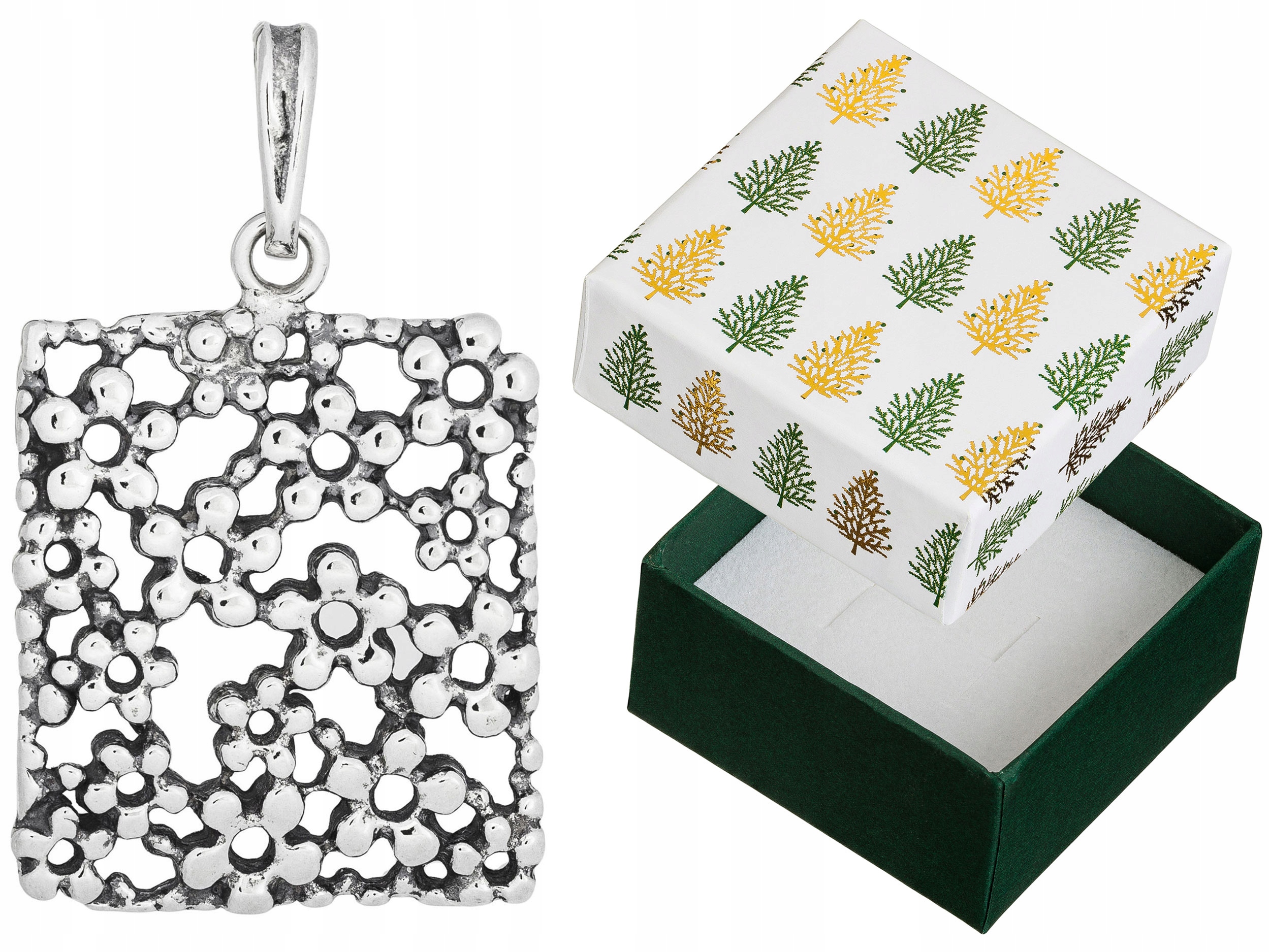 Stříbrný obdélníkový přívěsek Retro Vintage s oxidovaným Přívěsek Květiny 925