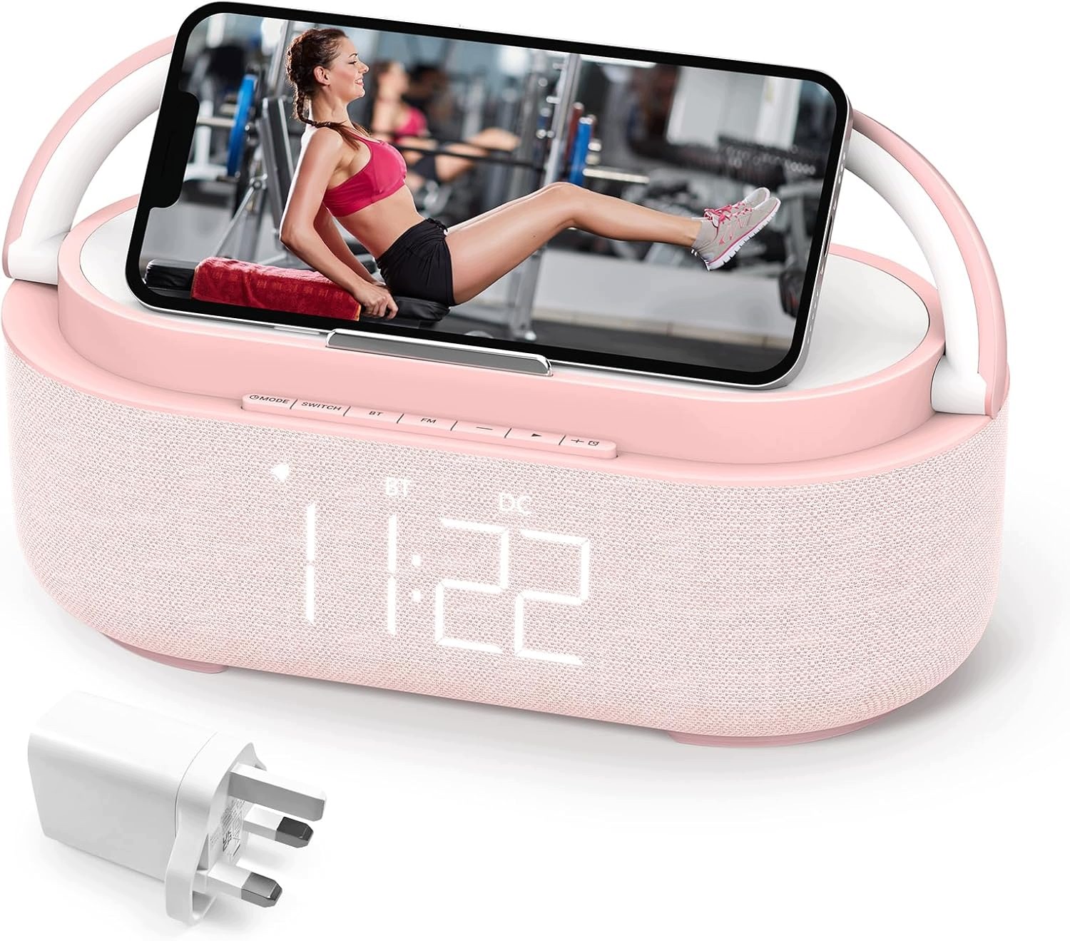 Růžový Reproduktor Bluetooth Budík Rádio Fm Indukční Nabíječka Qi Led Lampička