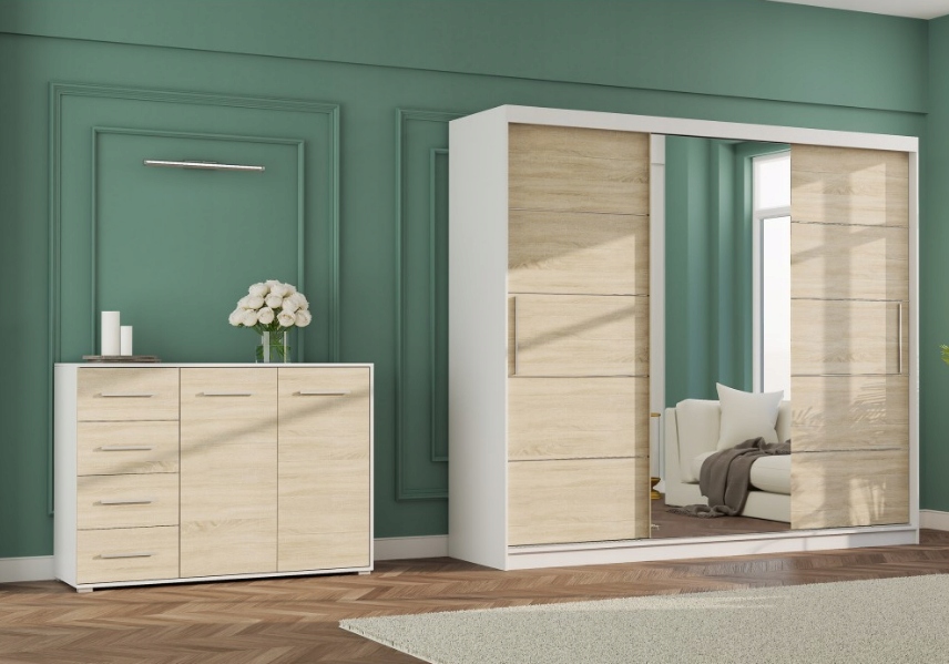 Zestaw szafa przesuwna ALBA 250 lustro komoda FRIDA szuflady kolory półki Typ drzwi Przesuwne