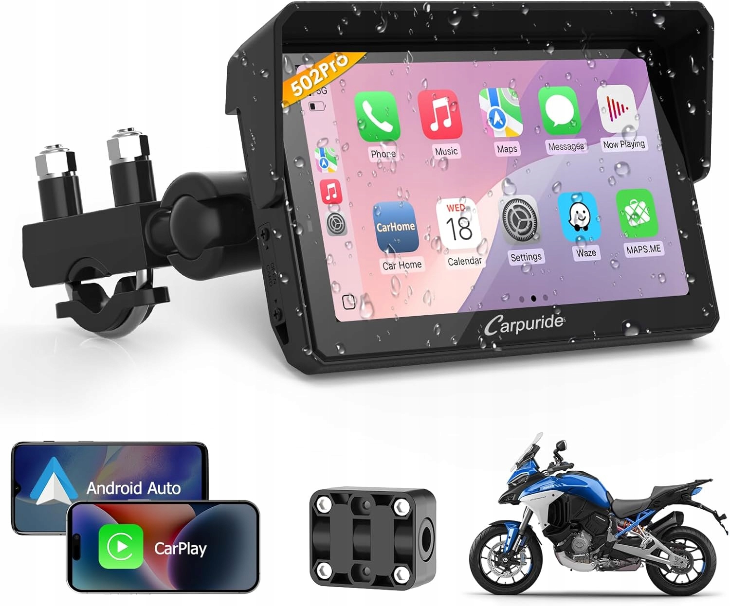Carpuride W502PRO Motocykl Carplay Android Auto Bluetooth Wodoszczelna Gps