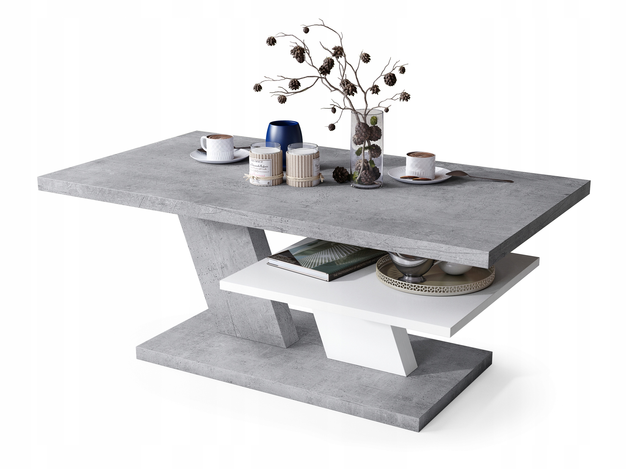 

Cliff Mat Beton/Biały Ława Stolik Kawowy Z Półką