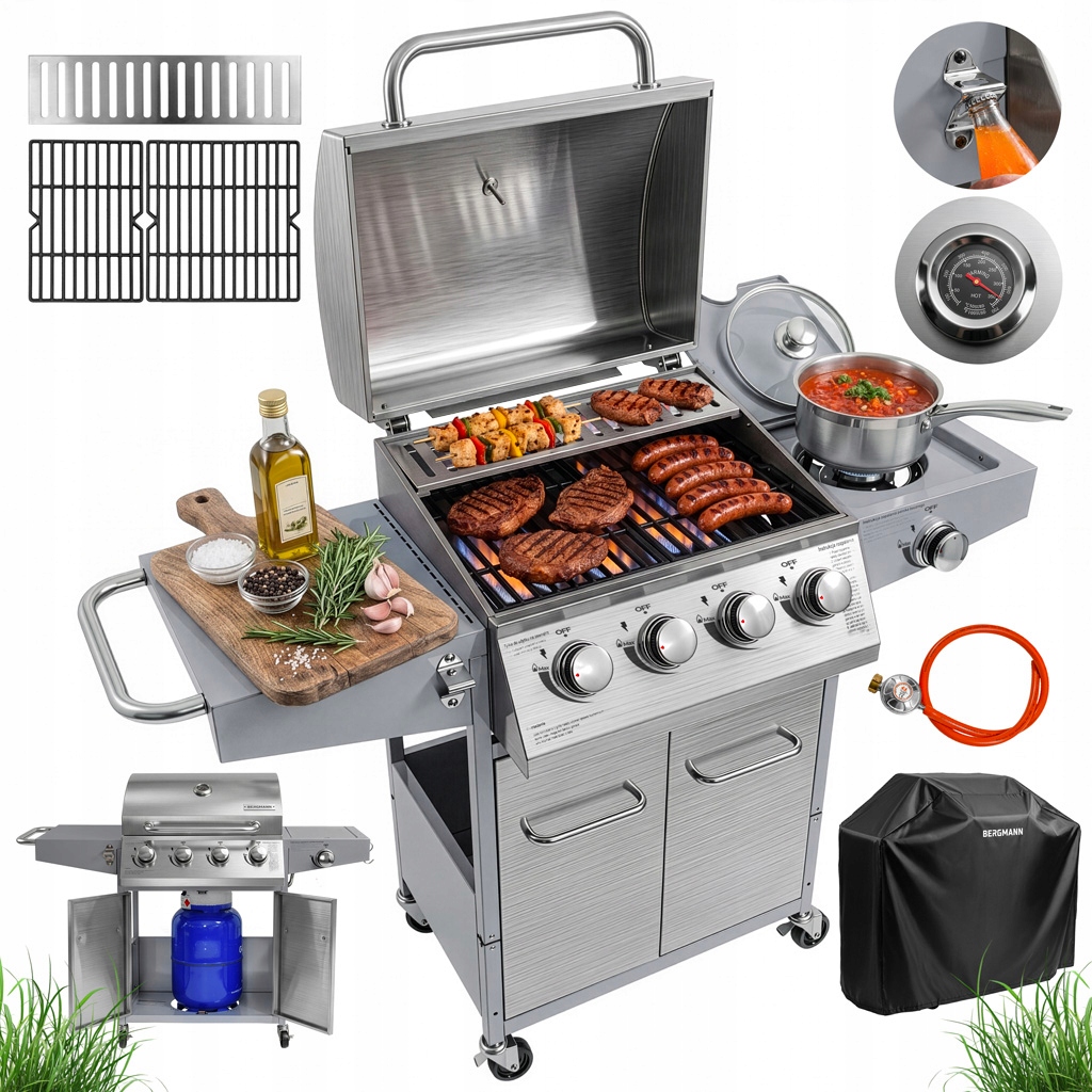 Grill Gazowy Ogrodowy 4+1 Bergmann Żeliwny Ruszt Szafka na Butlę Pokrowiec