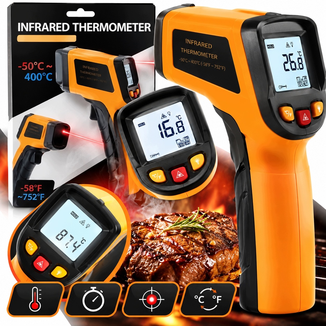 Pirometr Termometr Laserowy Bezdotykowy -50°C +400°C LCD Na Podczerwień Ir