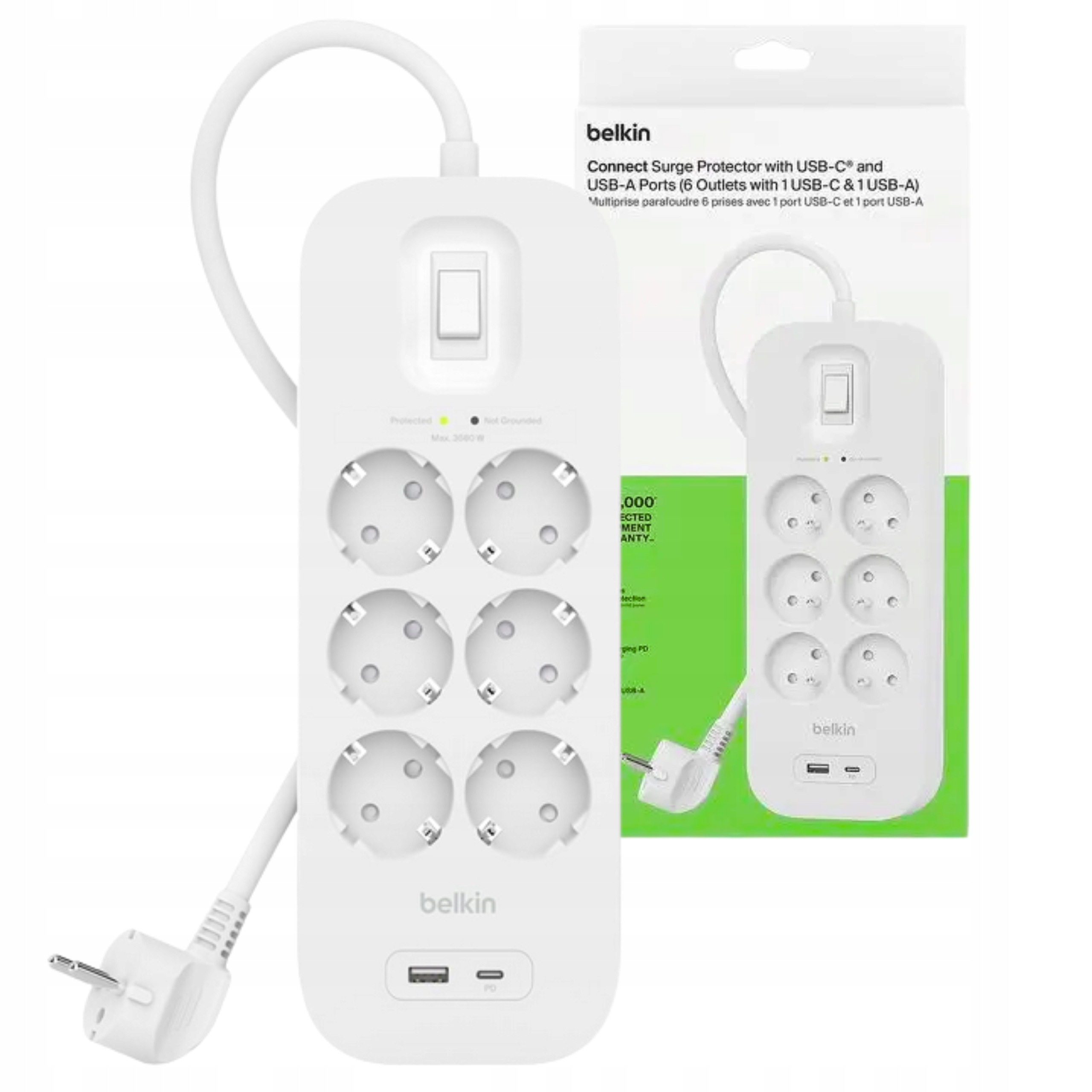 Listwa zasilająca Belkin 6x Schuko 1x Usb 1x Usb-c 30W, 2m Biały