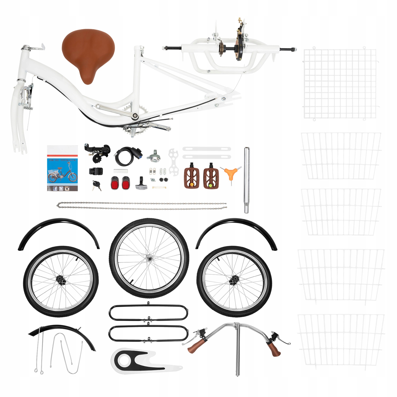 20-Calowy Rower Trójkołowy dla Dorosłych 1-Bieg 3-Koła Rower z Koszyk Biały Wysokość 103.5 cm
