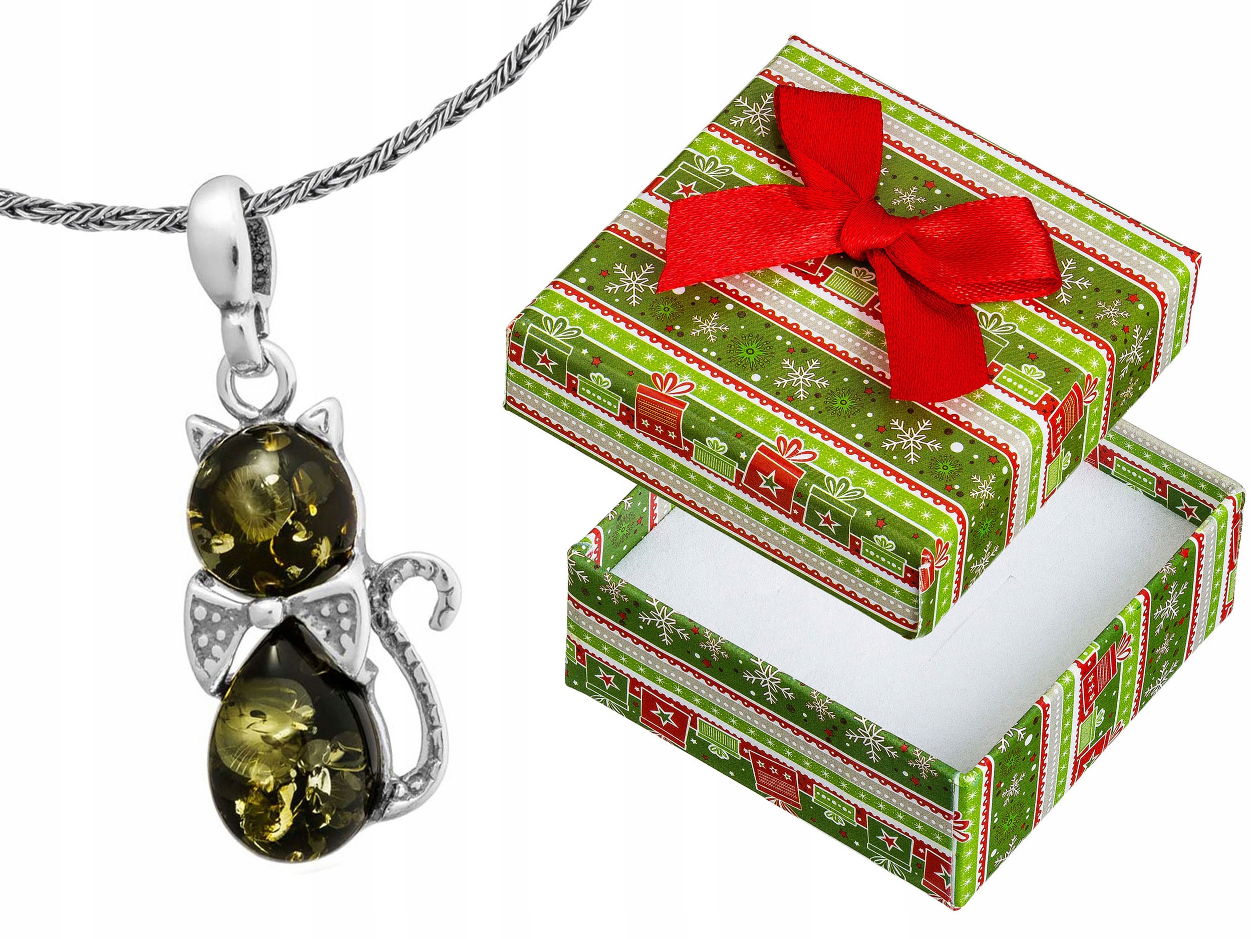 Dlouhý Stříbrný Dámský Náhrdelník Kočka se Zeleným Jantarem Koťátko Krátký 60 cm