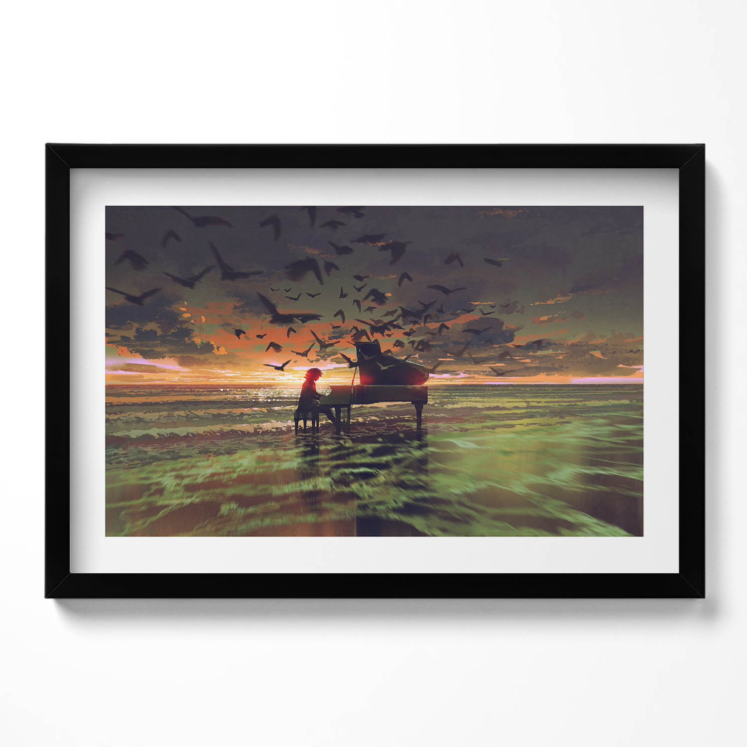 Dekorativní nástěnný obraz s grafikou v černém rámu Koncert na pláži 60x40 cm