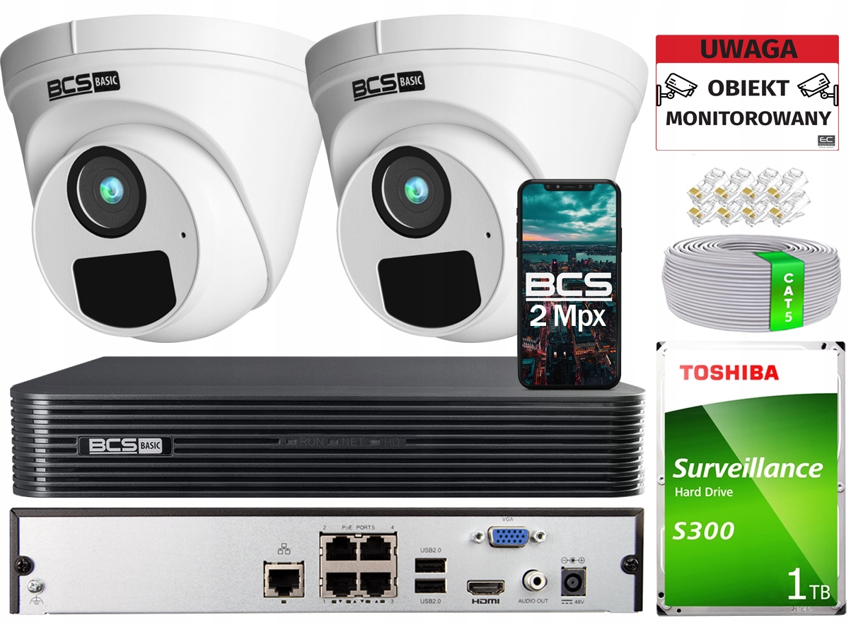 Zestaw Monitoringu Ip Do Domu 2 Kamery Bcs 2MP Nagrywarka 4 Kanały Dysk 1TB