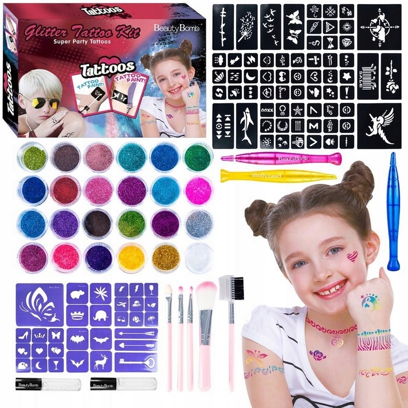 

Duży Zestaw Tatuaże Brokatowe Szablony XXL