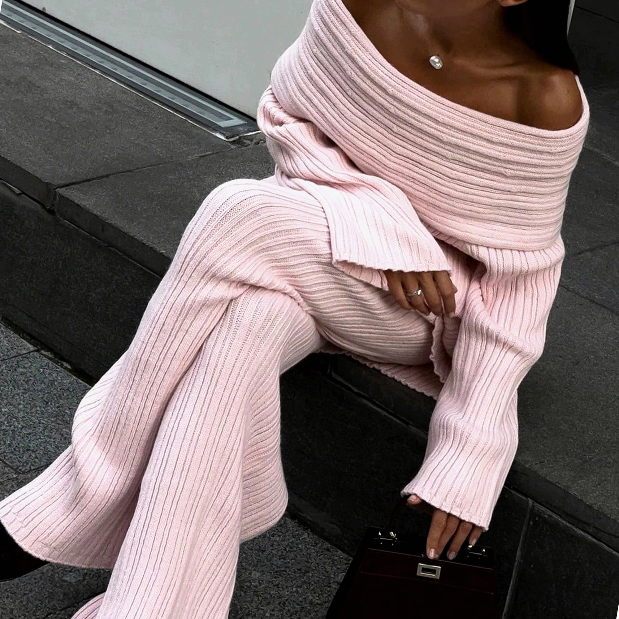 Dámský svetrový komplet růžový z pleteniny Oversize Stylový pro každý den Xs