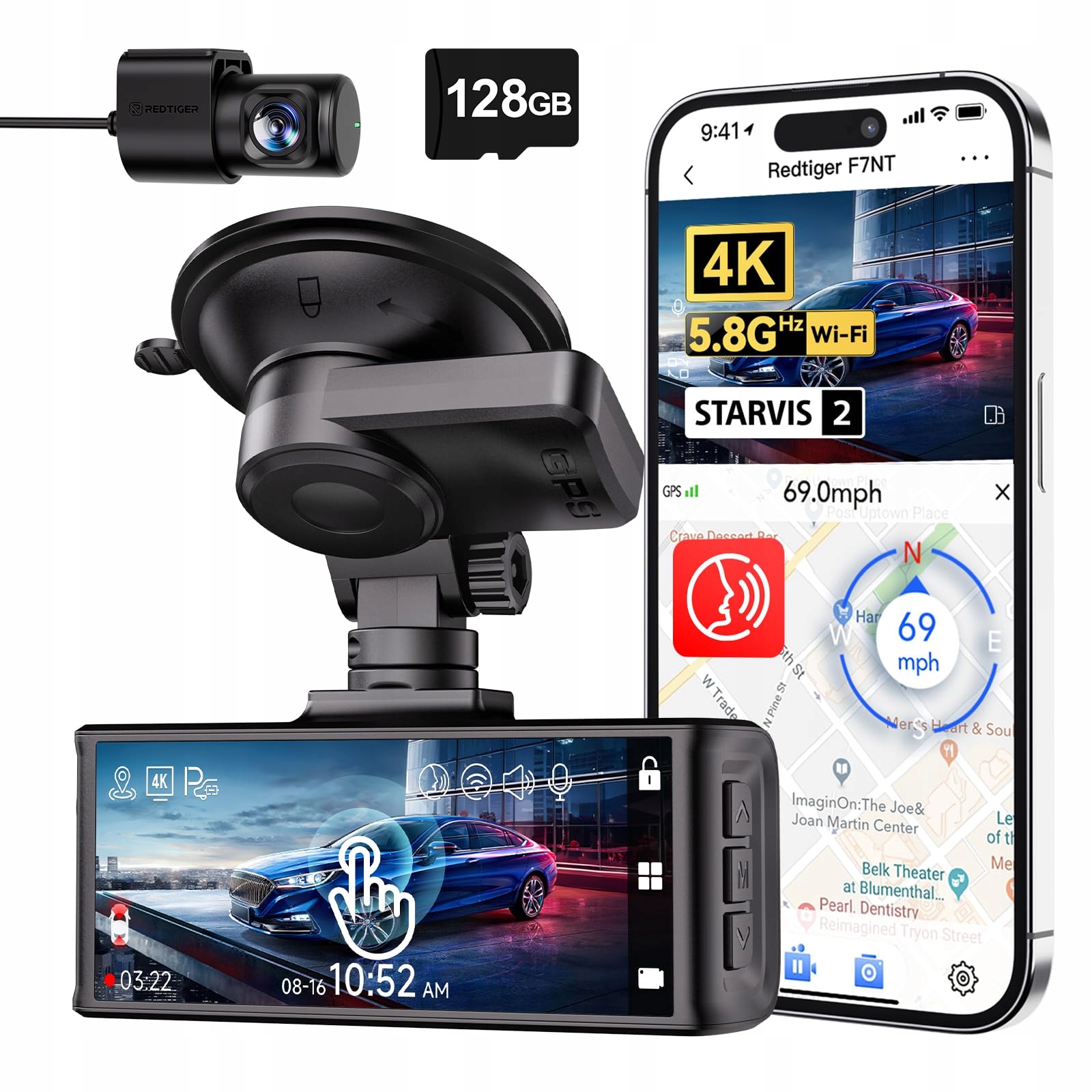 REDTIGER 4K Kamera Samochodowa Przód Tył Dotykowy Ekran GPS WiFi 128GB