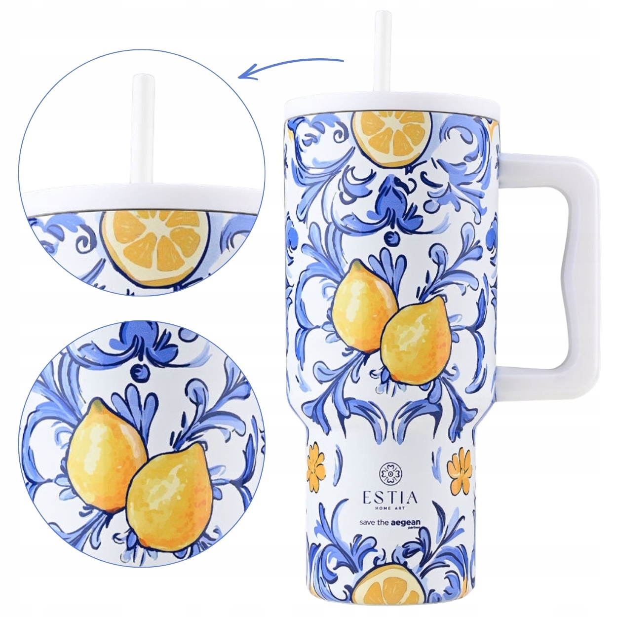Velký Termohrnek Se Slámkou 900 ML s citronem a držákem na čajovou kávu