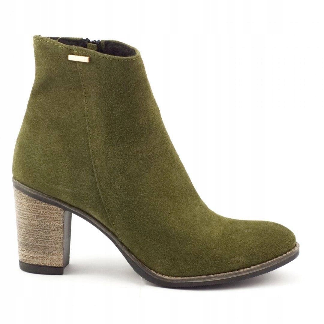 Dámské kotníkové boty zateplené na podpatku Sara zelené olivové polské kožené 40