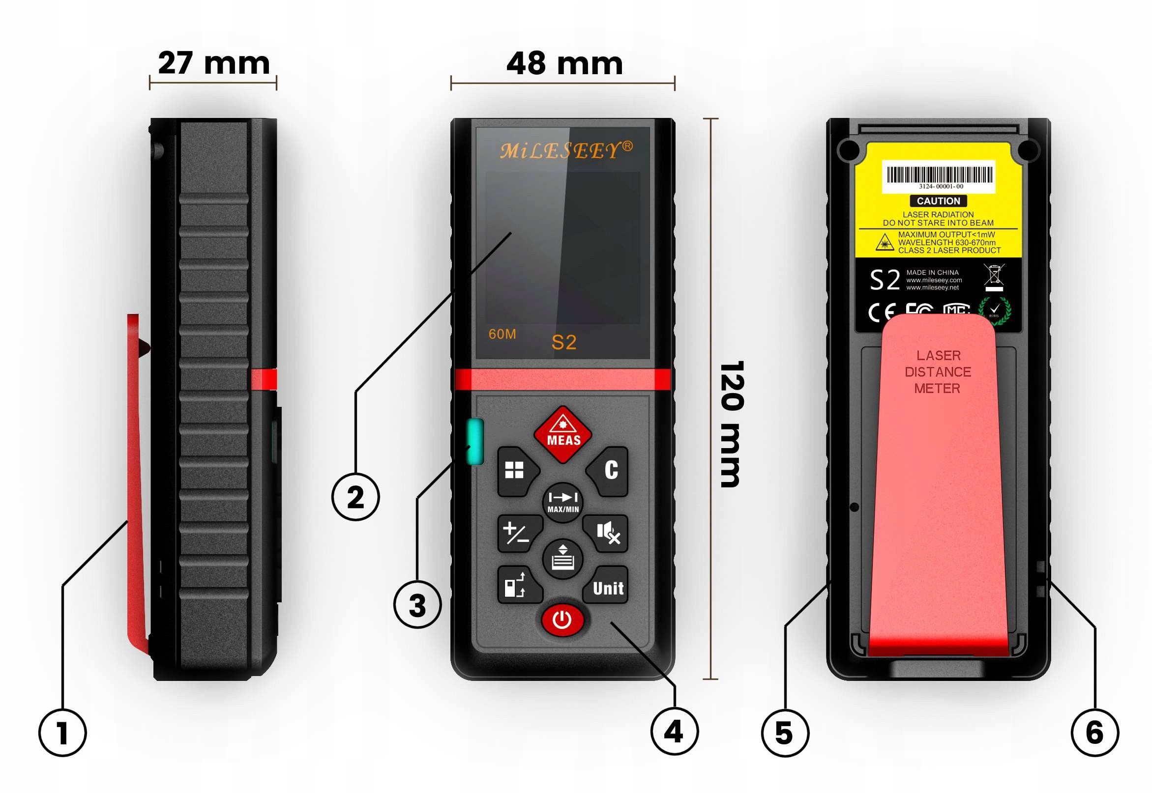 DALMIERZ LASEROWY PROFESJONALNY CYFROWY MIERNIK ODLEGŁOŚCI 60 METRÓW S2 LCD Marka Mileseey
