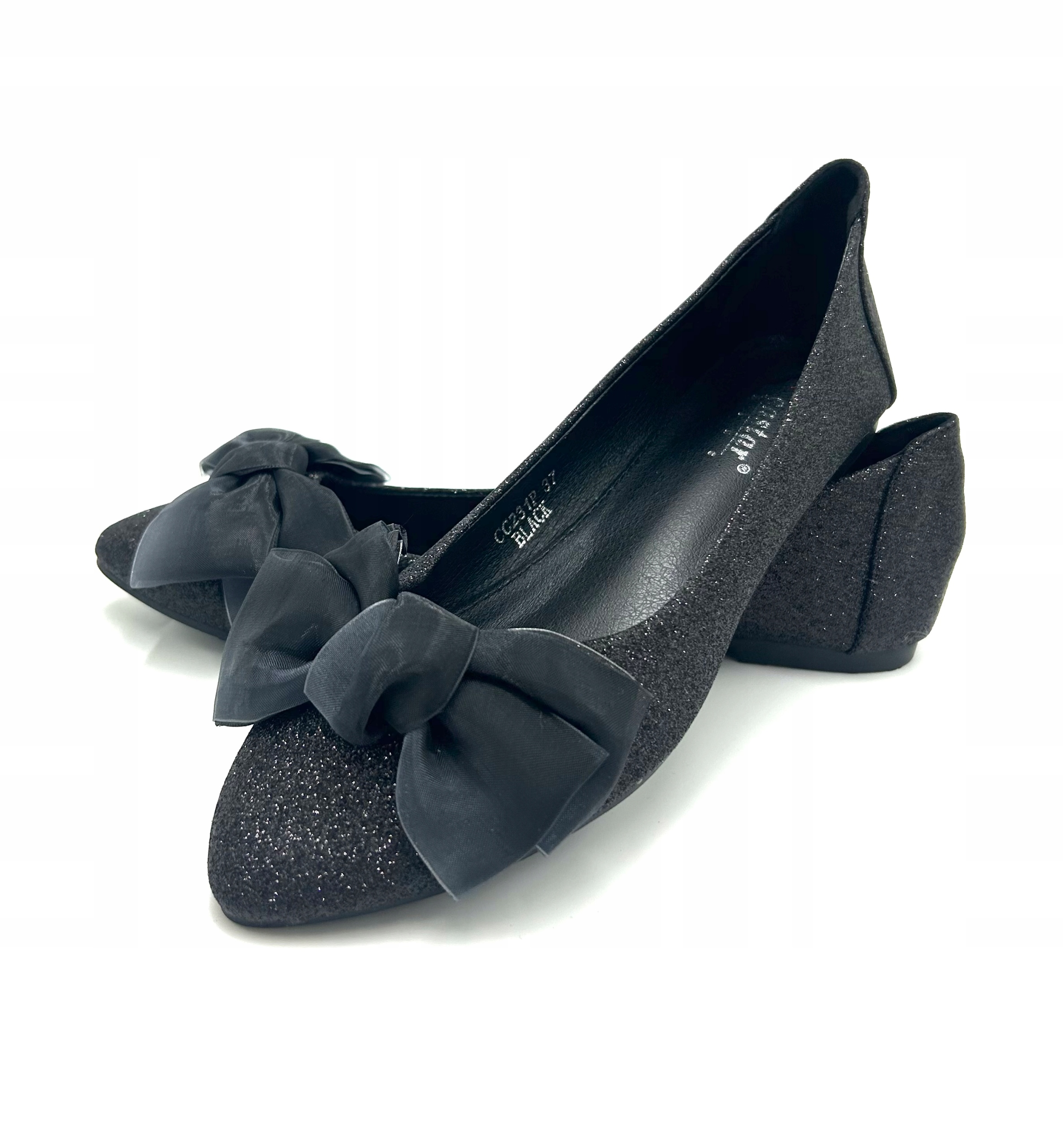 Černé Třpytivé Baleríny S Mašličkou, Balerínky, Lesklé, Špicové, Velikost 41