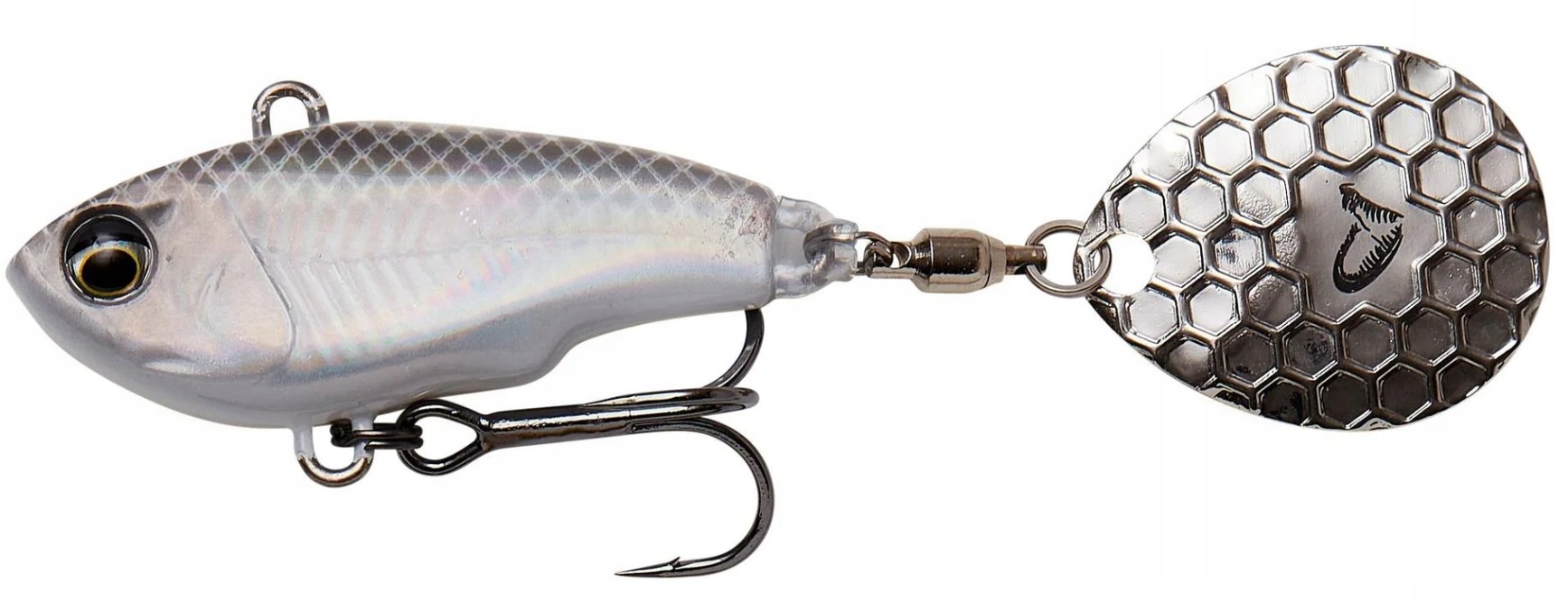 Wobler Fat Tail Spin Wirujący Ogonek Savage Gear 6,5cm 16g White Silver
