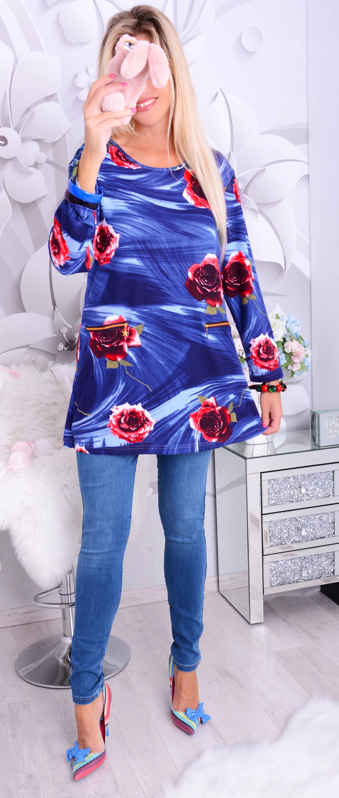 MODNA TUNIKA KWIATY WYSZCZUPLAJĄCA NA BIODERKA MIŁA ŚLICZNY PRINT DUŻA 666B Marka ADDAMS