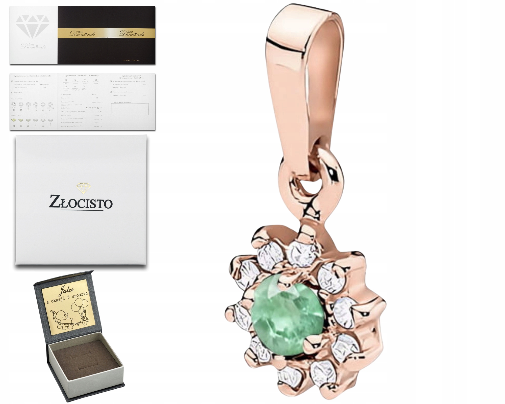 Přívěsek Z Růžového Zlata Se Smaragdem A Diamanty, Zlato 585 Jako Dárek