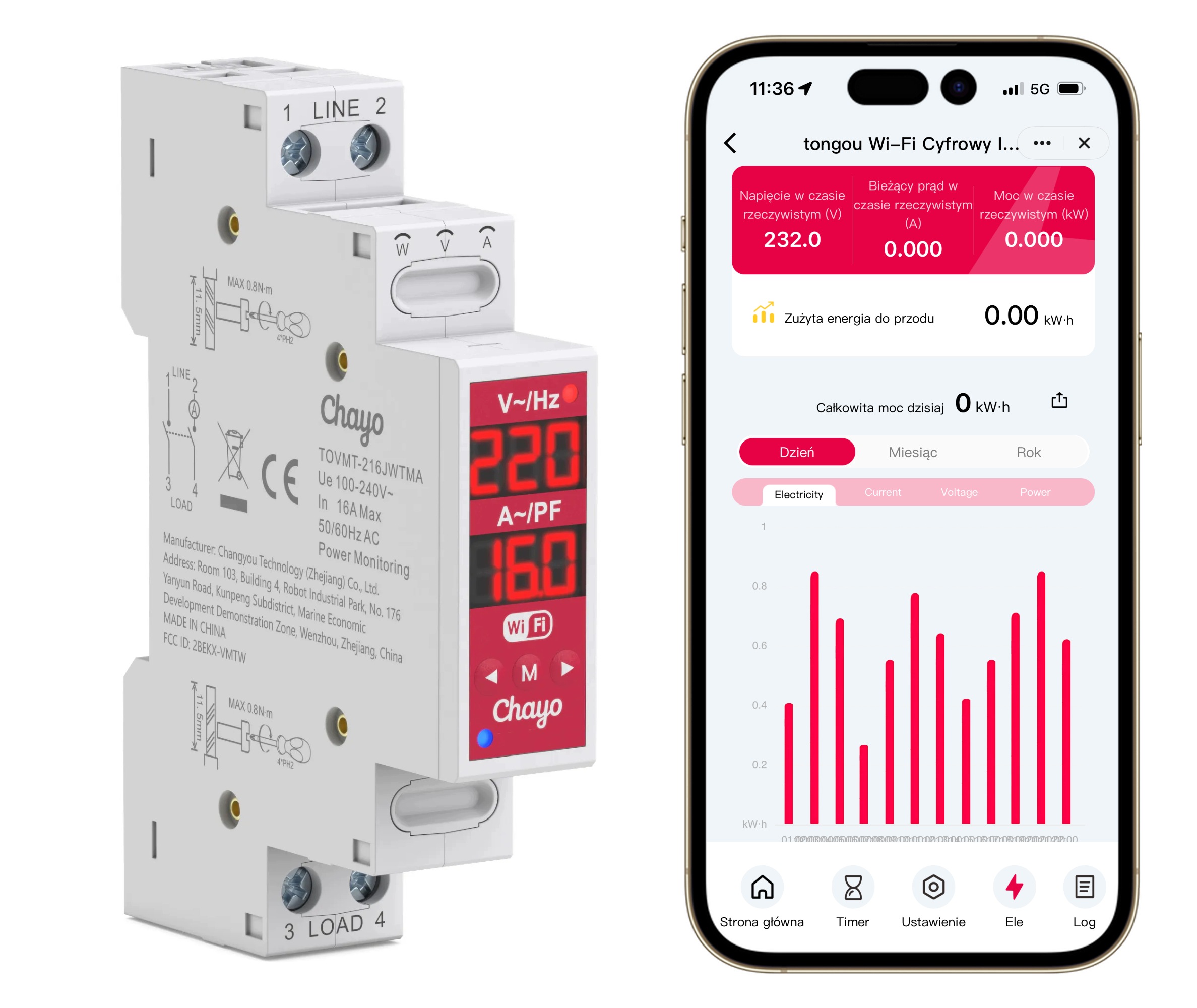 Inteligentní dvoupólový WiFi relé Tuya 2P 16A s měřením energie