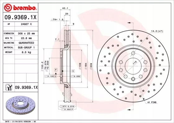 BREMBO TARCZE HAMULCOWE PRZÓD 09.9369.1X Liczba tarcz w ofercie 1