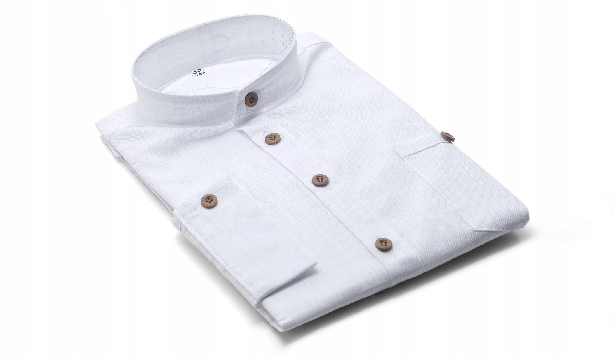 KOSZULA CHŁOPIĘCA BIAŁA LNIANA STRUKTURA Z DŁUGIM RĘKAWEM I ZE STÓJKĄ 146 EAN (GTIN) 5905935357739