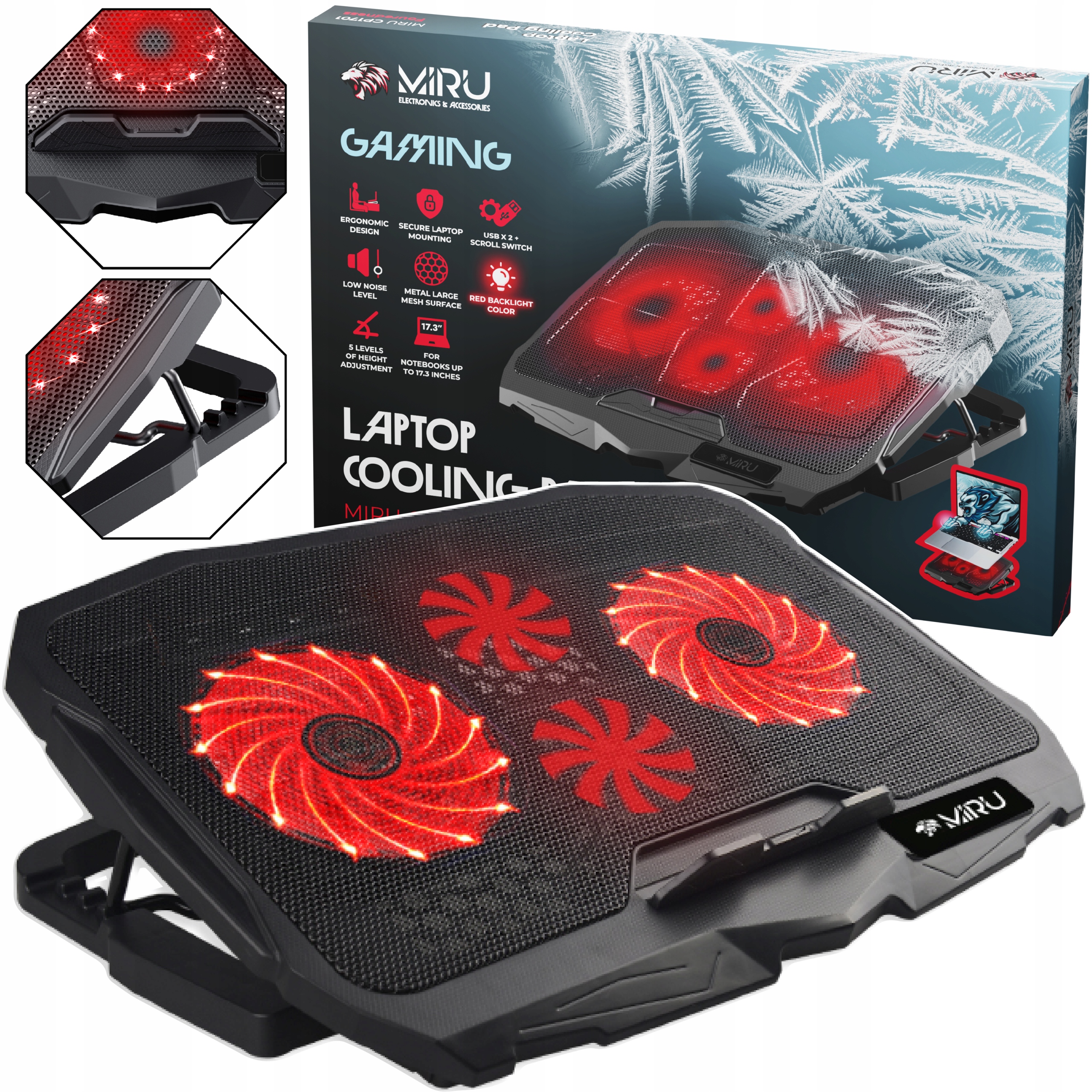 PODSTAWKA CHŁODZĄCA POD LAPTOPA 15,6" CZARNA REGULOWANA PODKŁADKA LED Z USB