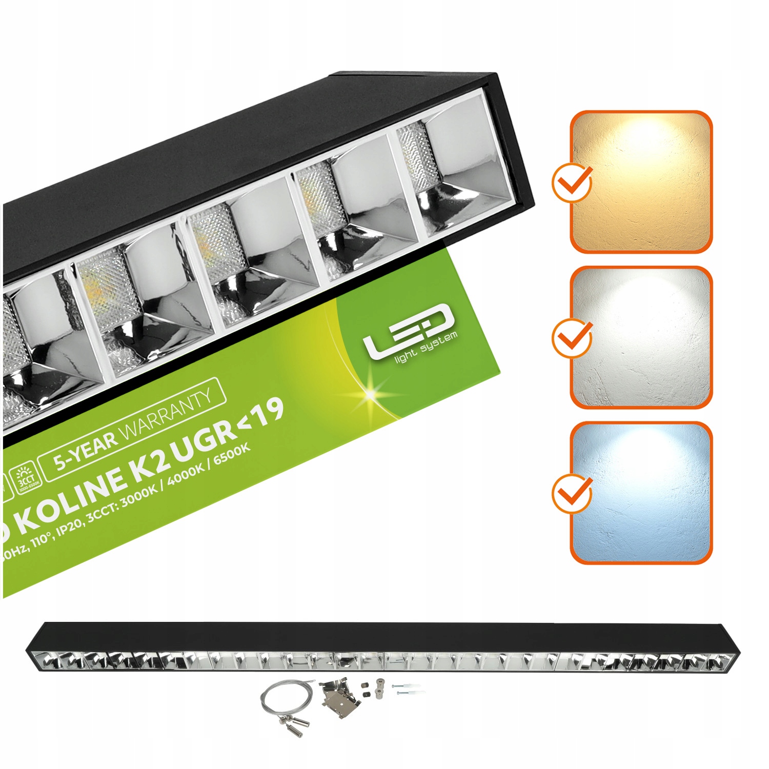 Lineárna nástenná Led lampa 30W 3CCT UGR<19 čierna Lls