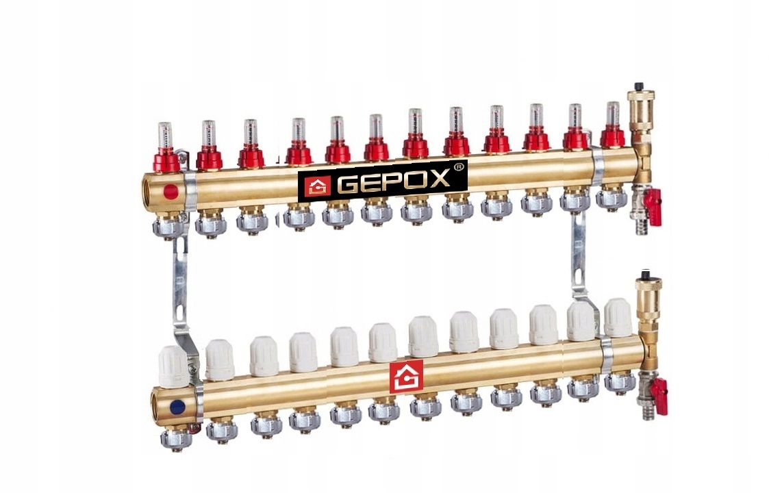 Rozdělovač pro podlahové vytápění, mosazný, 12 okruhů, pro podlahové vytápění