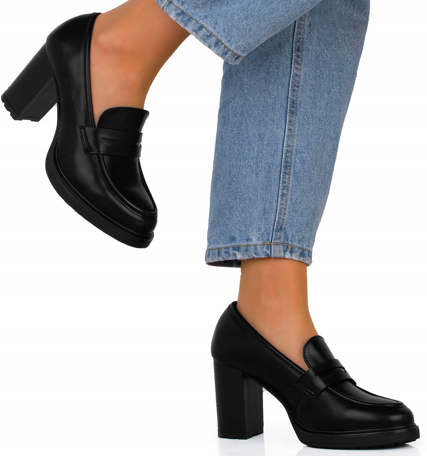 8740 Czarne Botki Skórzane Na Obcasie Na Słupku Mokasyny Półbuty 40