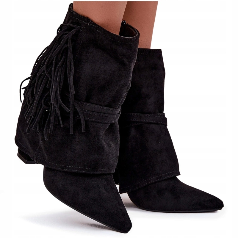 Dámské Kotníkové Boty Eko Semiš Třásně Zlaté Spony Pásky Sloupek Černé 41