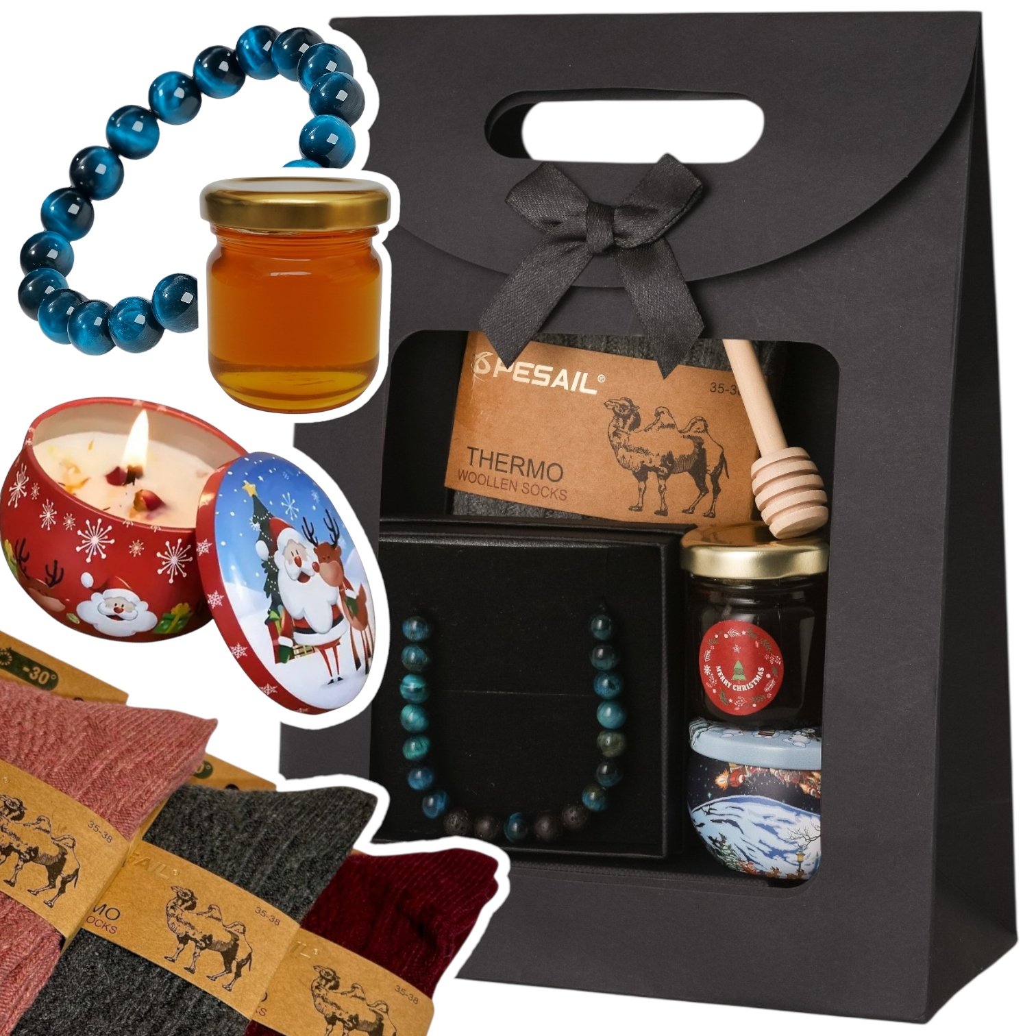 Levně Dárková sada na Vánoce pod stromečkem Med ponožky vlněná svíčka sója