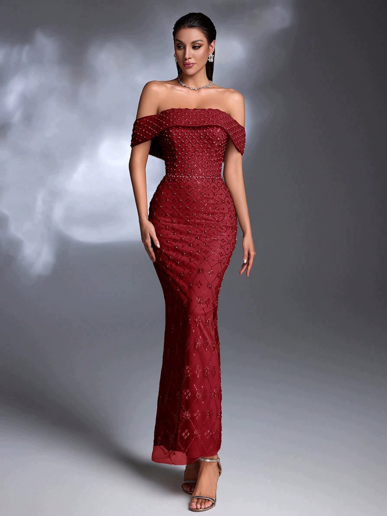 Shein Bordó Elegantní Šaty S Odhalenými Rameny M 1M