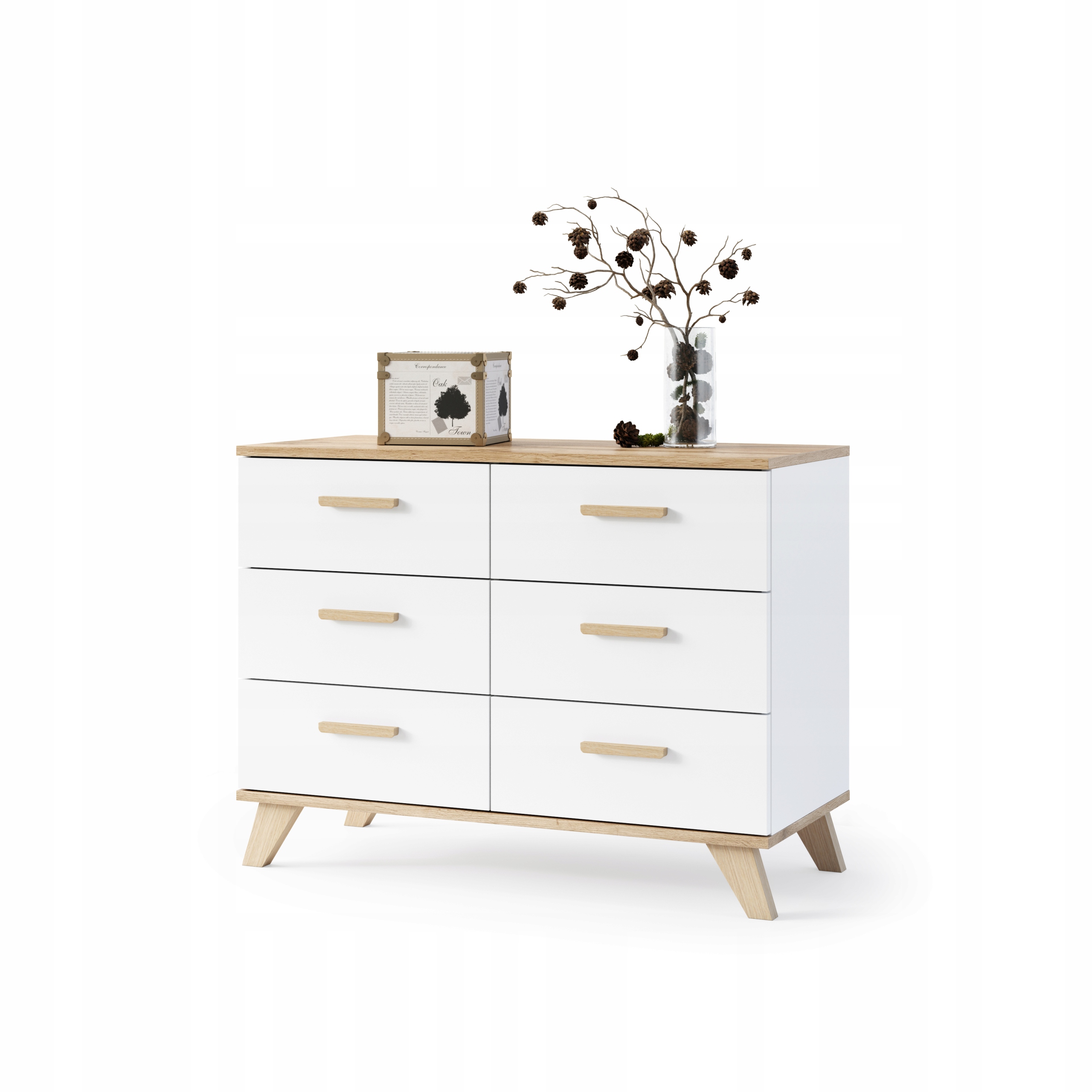 Komoda Szafka RTV 100cm Biały MAT DĄB Wotan 6 Szuflady Salon SCANDI
