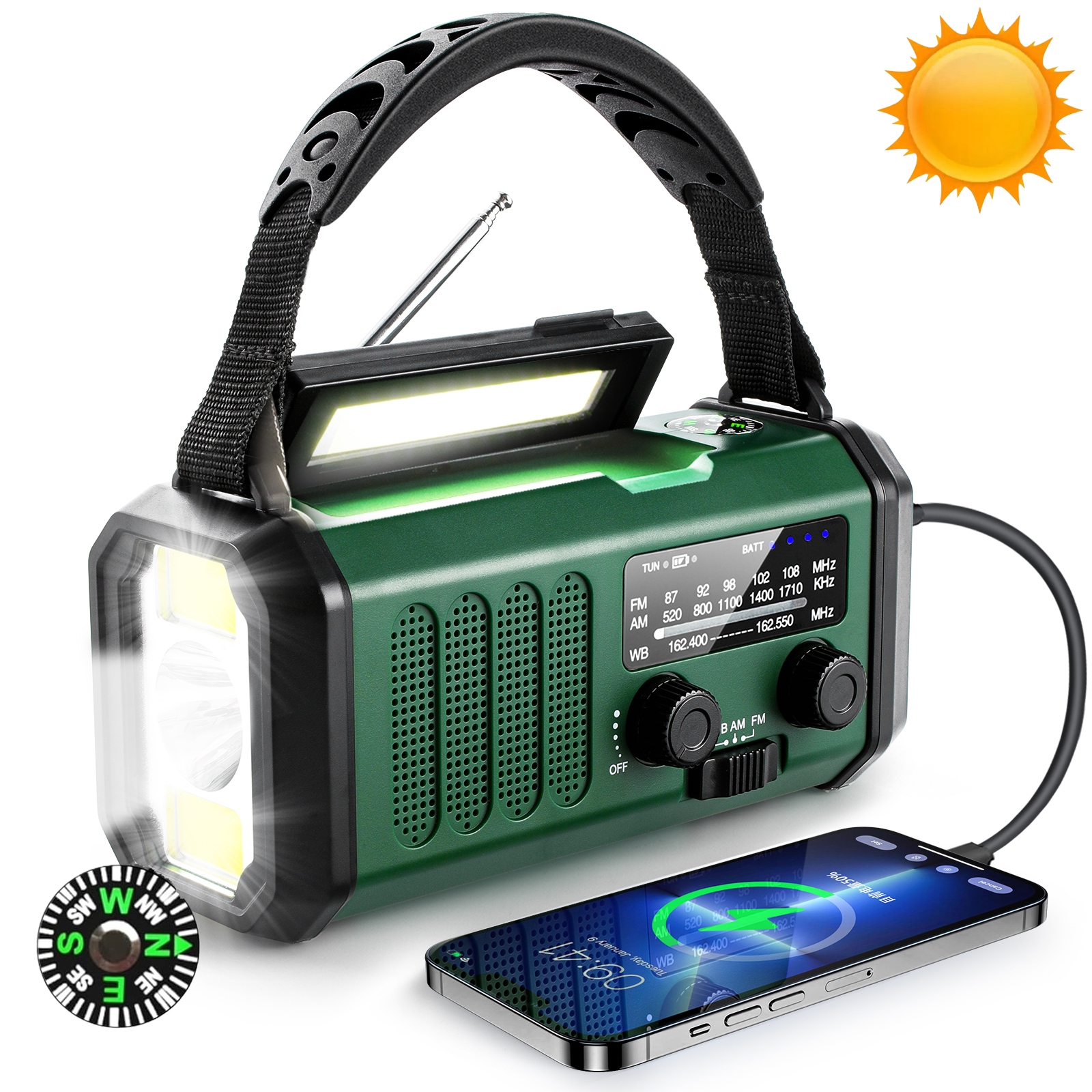 Solárne núdzové rádio Fm Am Sos s nabíjačkou Usb a kompasom 10000 mAh