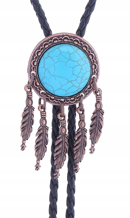 Bolo kravata westernová s kamenem Turkus s peříčky, pletená z přírodní kůže