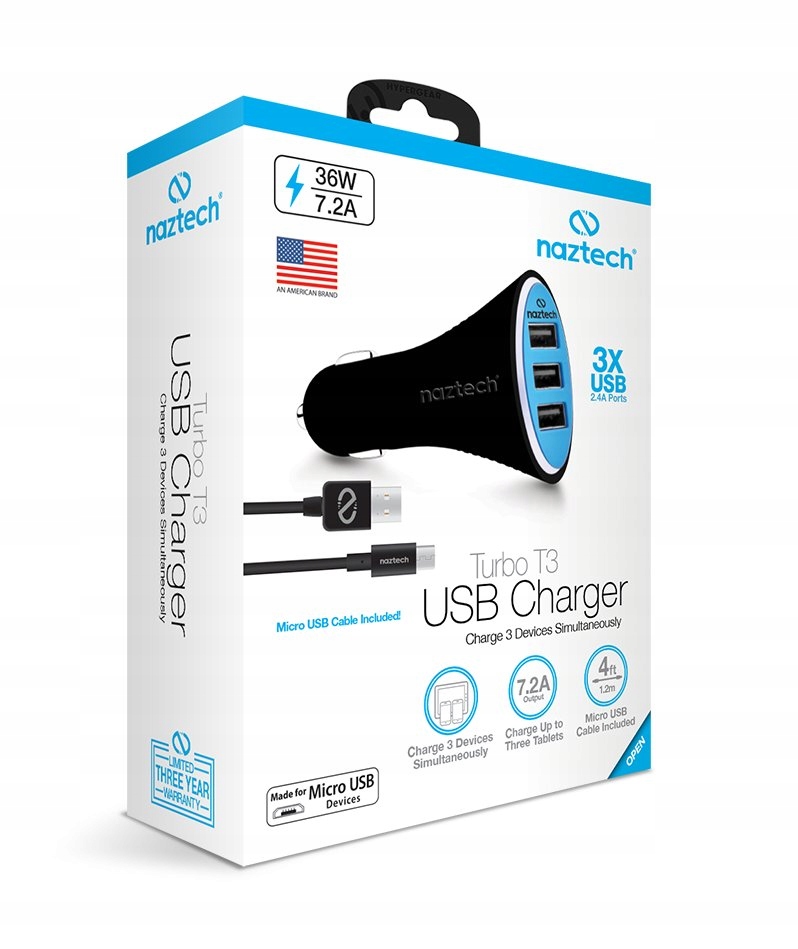 

Naztech Turbo T3 Car Charger 3xUSB 7,2A +kabel Usb